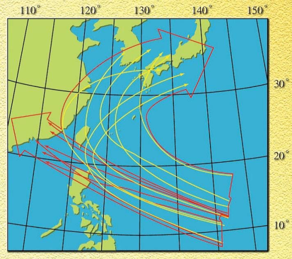 多數西北太平洋颱風路徑涵蓋的範圍示意
